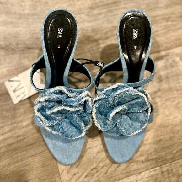 ZARA Denim Heels with Flower Detail NWT Blue Sandals Blogger Fave - Picture 14 of 16
